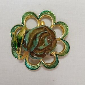 Vintage West Germany Rose Brooch Green Enamel Gold Tone Floral Pin Mid Century